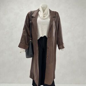 Vintage Brown Genuine Leather Trench Coat Floral Lining Shoulder Pads